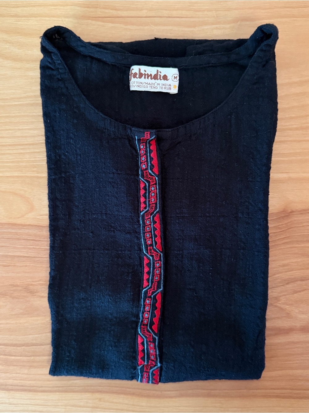 Fabindia Handwoven Black Cotton Tunic Kurta with Red Embroidered Trim, M